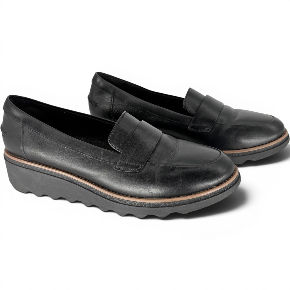 Clarks Collection Gracie Black Leather Platform Wedge Penny Loafer Women 6.5W